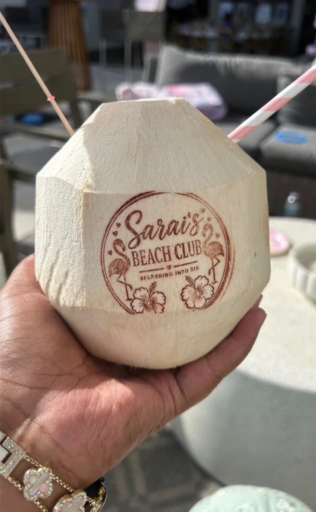 Custom engraved coconut for Sarai's Beach Club sixth birthday